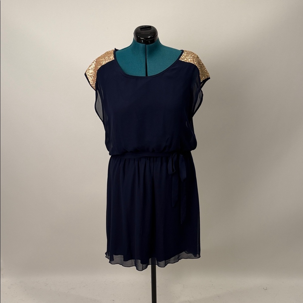 Chic Navy Dress with Gold Shoulder Details